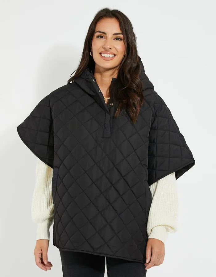 Women Black Quilted Hooded Poncho Black Threadbare Jackets and Coats