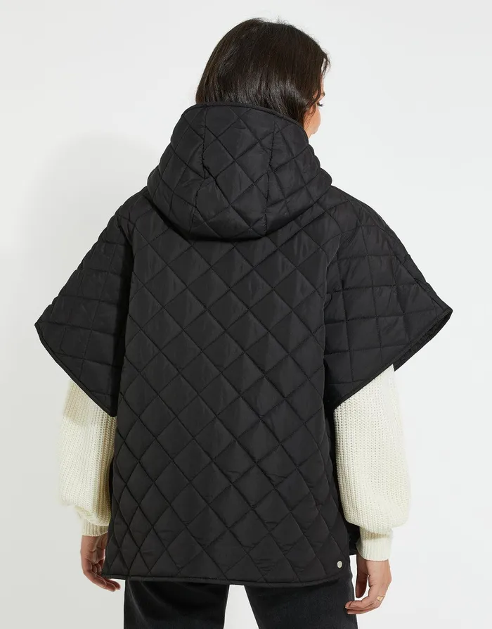 Women Black Quilted Hooded Poncho Black Threadbare Jackets and Coats
