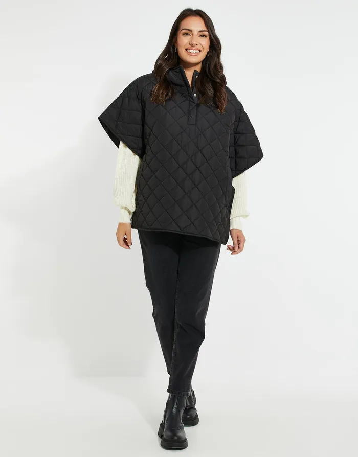 Women Black Quilted Hooded Poncho Black Threadbare Jackets and Coats