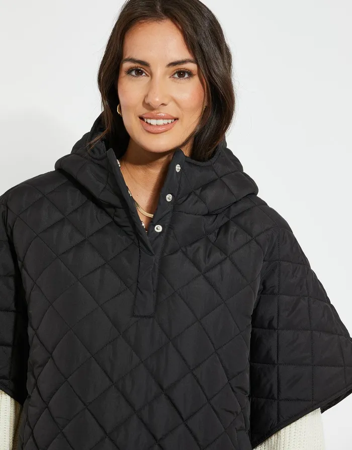 Women Black Quilted Hooded Poncho Black Threadbare Jackets and Coats