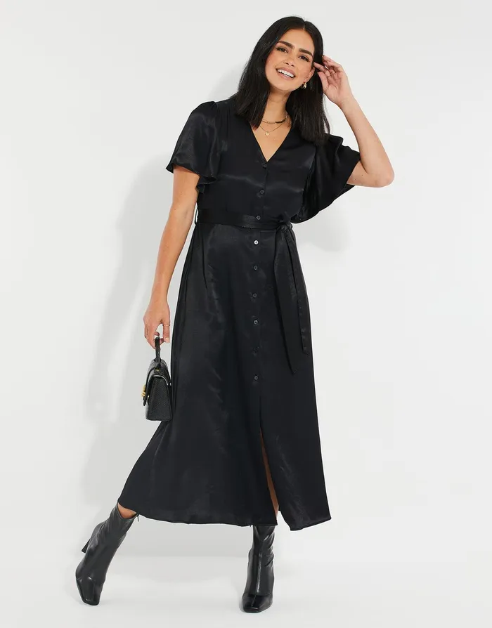 Women Black Satin Button Down Midi Dress Black Threadbare Dresses