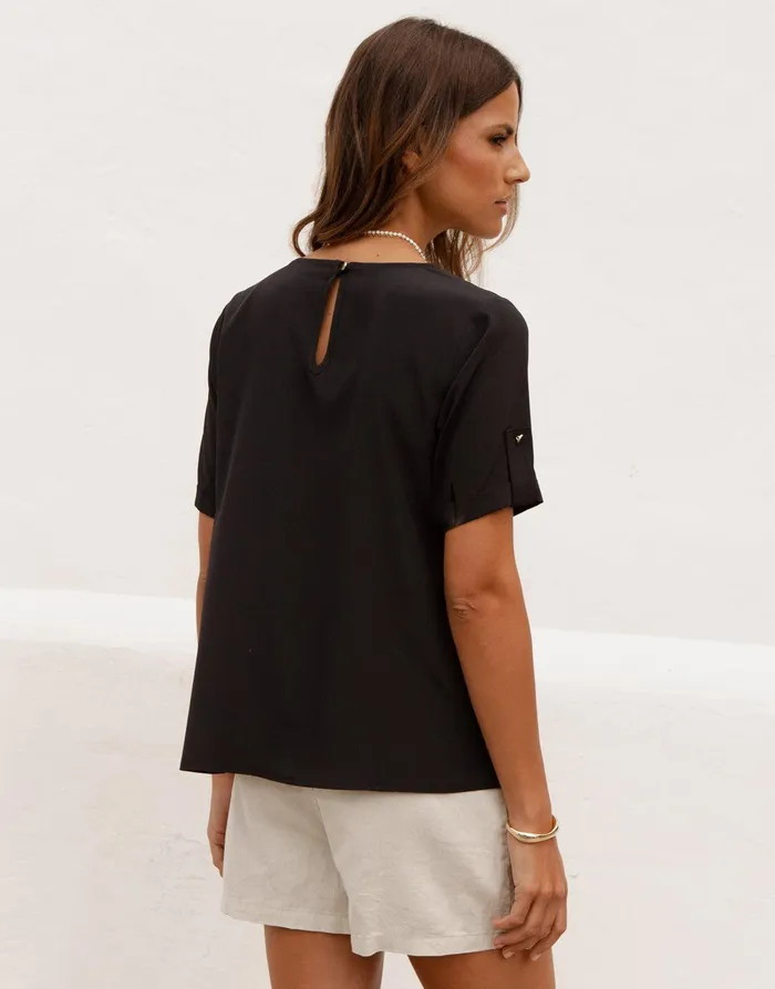 Women Black Short Roll Sleeve TShirt Blouse Black Threadbare Blouses and Shirts