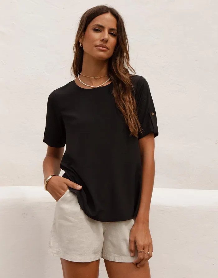 Women Black Short Roll Sleeve TShirt Blouse Black Threadbare Blouses and Shirts