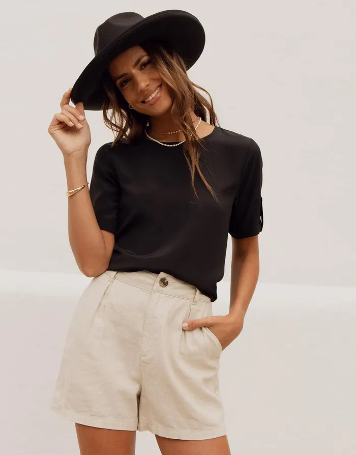 Women Black Short Roll Sleeve TShirt Blouse Black Threadbare Blouses and Shirts