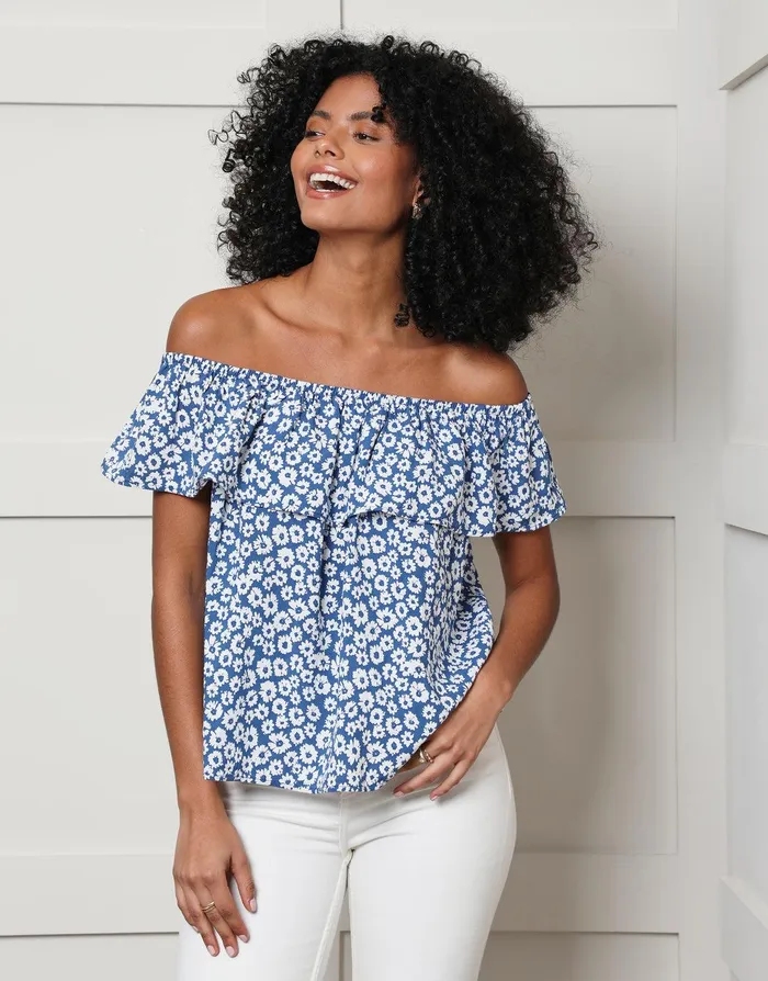 Women Blue Ditsy Floral Print Off The Shoulder Bardot Top Blue Threadbare Blouses and Shirts Women Blue Ditsy Floral Print Off The Shoulder Bardot Top Blue Threadbare Blouses and Shirts