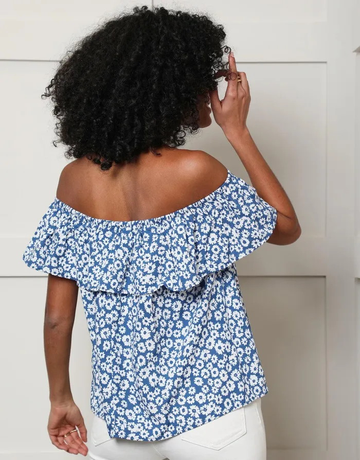 Women Blue Ditsy Floral Print Off The Shoulder Bardot Top Blue Threadbare Blouses and Shirts Women Blue Ditsy Floral Print Off The Shoulder Bardot Top Blue Threadbare Blouses and Shirts