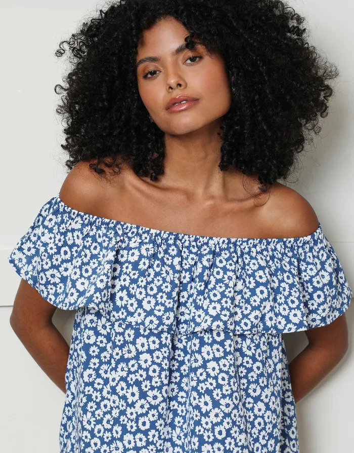 Women Blue Ditsy Floral Print Off The Shoulder Bardot Top Blue Threadbare Blouses and Shirts Women Blue Ditsy Floral Print Off The Shoulder Bardot Top Blue Threadbare Blouses and Shirts