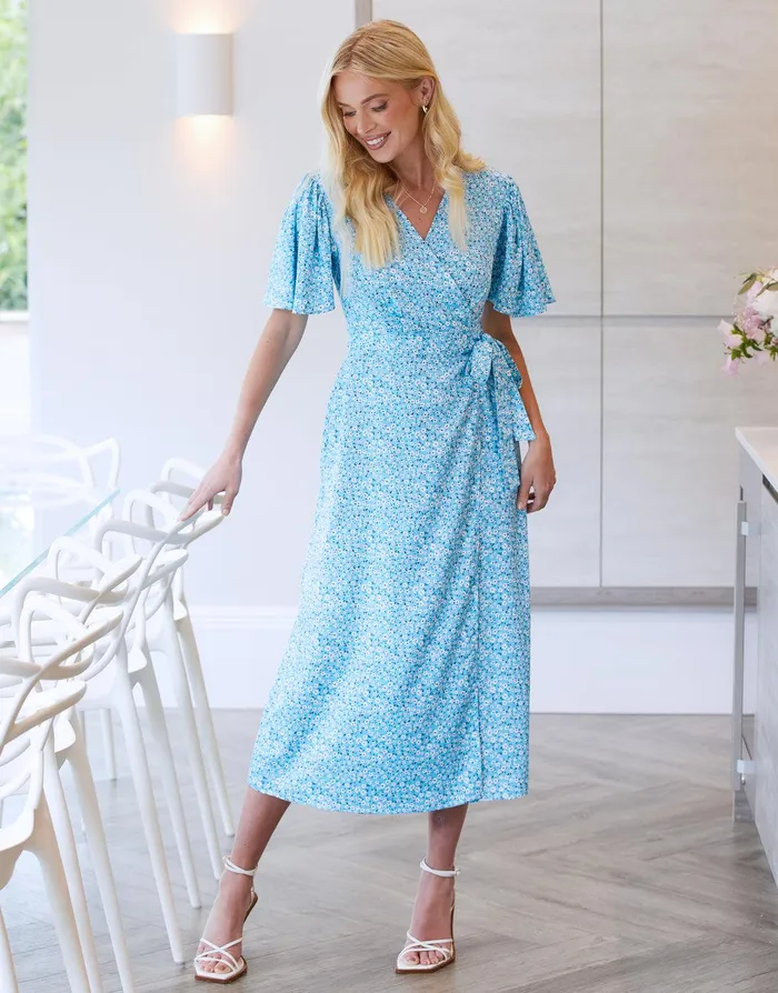 Women Blue Floral Satin Wrap Dress Blue Threadbare Dresses