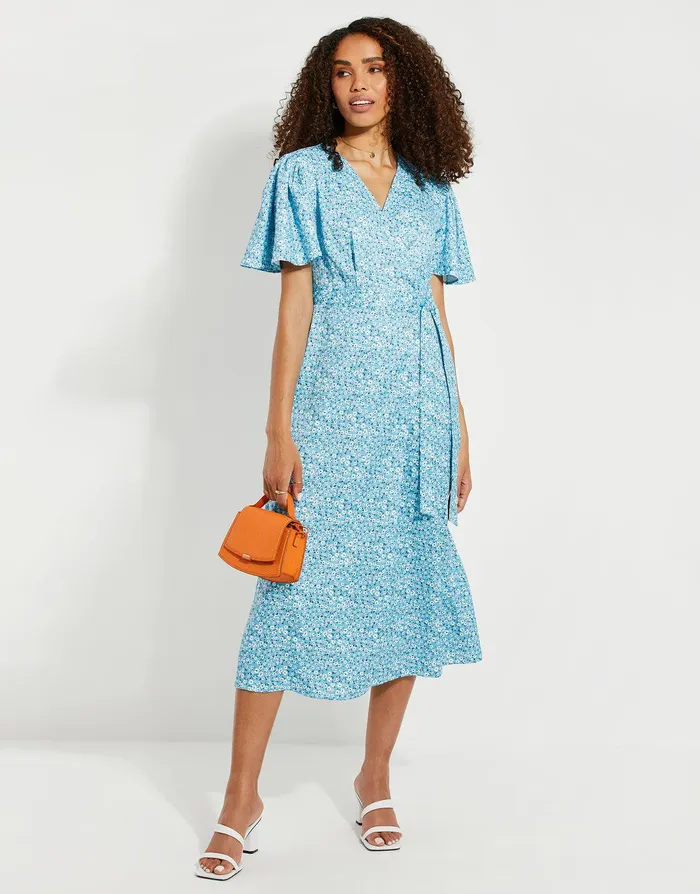 Women Blue Floral Satin Wrap Dress Blue Threadbare Dresses Women Blue Floral Satin Wrap Dress Blue Threadbare Dresses