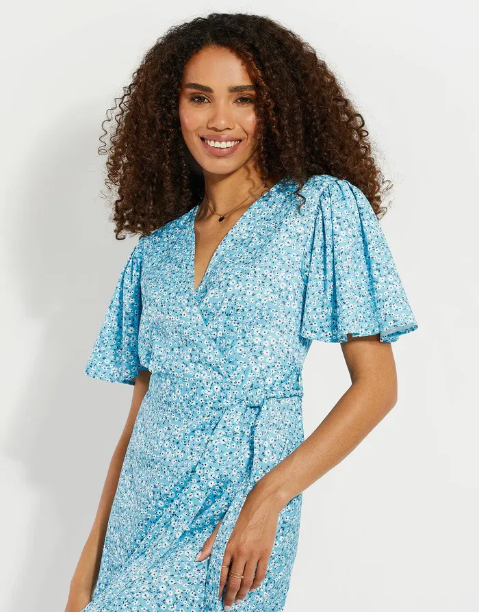 Women Blue Floral Satin Wrap Dress Blue Threadbare Dresses Women Blue Floral Satin Wrap Dress Blue Threadbare Dresses