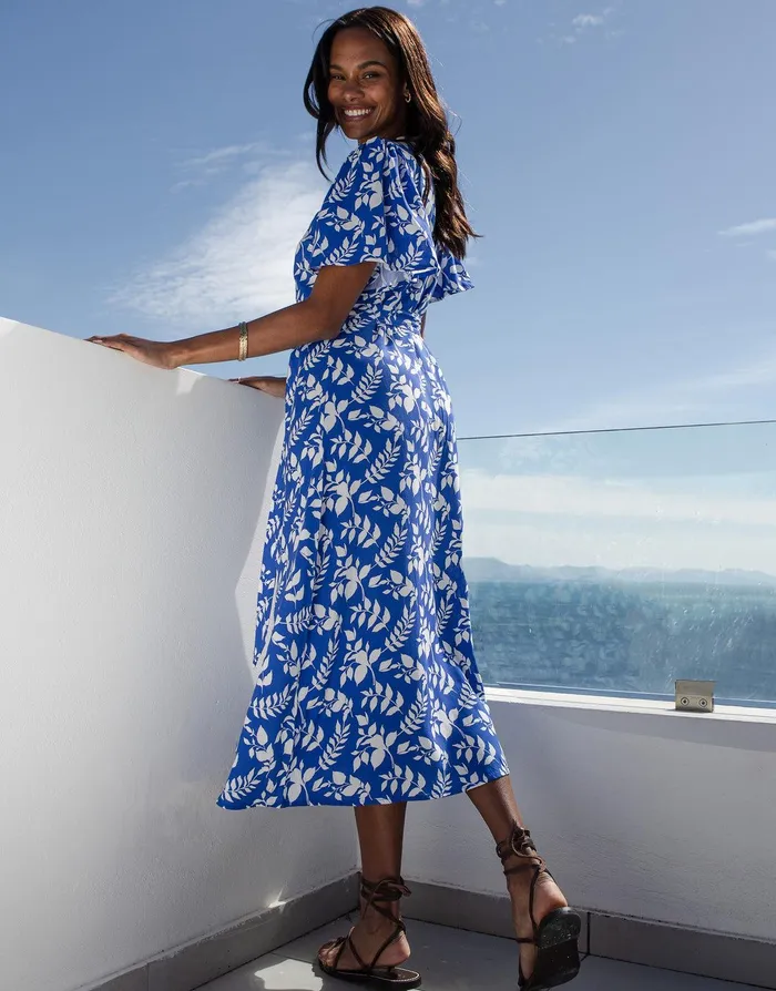 Women Blue Leaf Print Flutter Sleeve Midi Dress Blue Threadbare Workwear