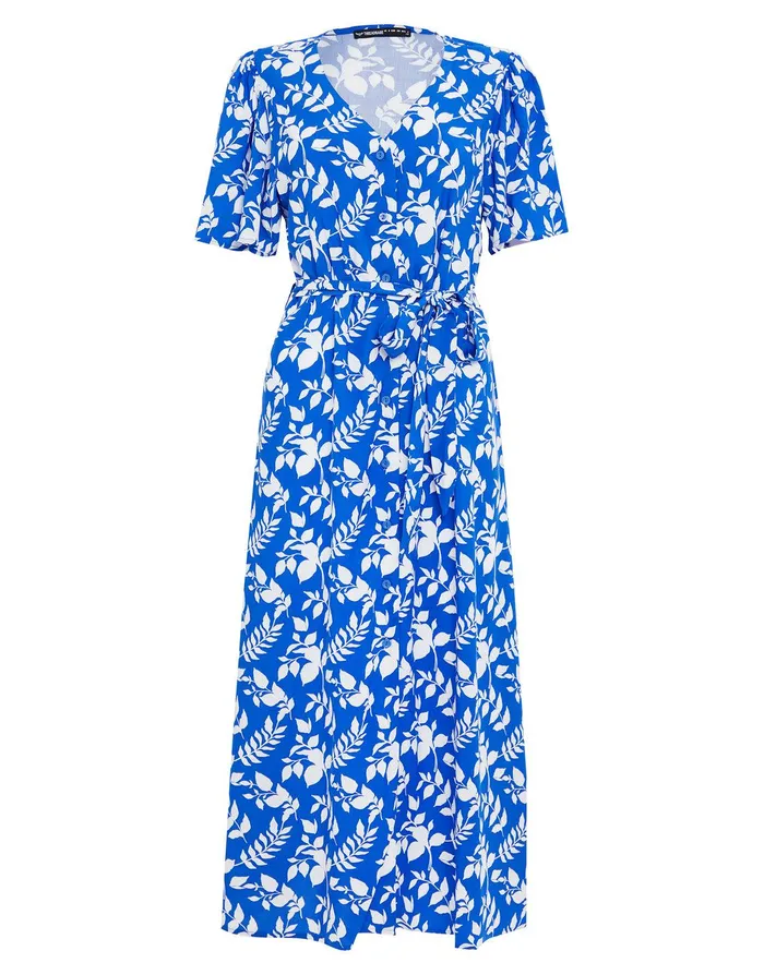 Women Blue Leaf Print Flutter Sleeve Midi Dress Blue Threadbare Workwear