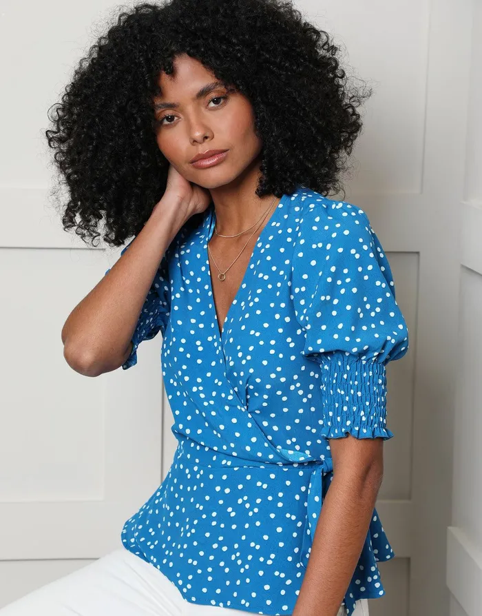 Women Blue Polka Dot Print Short Sleeve Wrap Blouse Blue Threadbare Blouses and Shirts