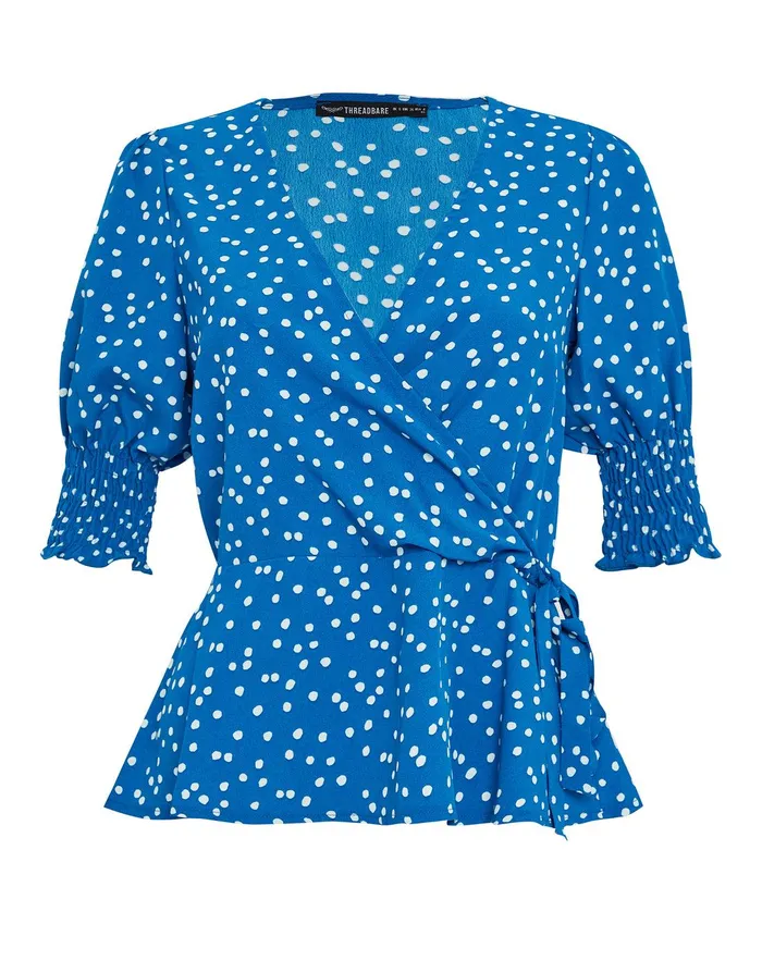 Women Blue Polka Dot Print Short Sleeve Wrap Blouse Blue Threadbare Blouses and Shirts