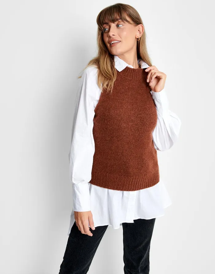 Women Brown Knitted Sweater Vest Brown Threadbare Tops