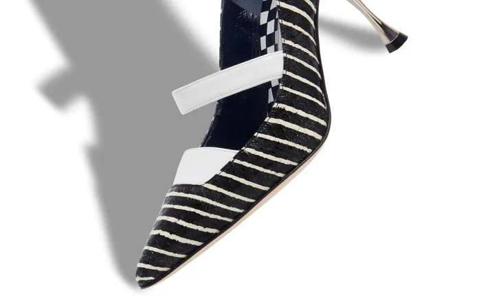 Women Business Manolo Blahnik CARONTE Black And White Striped Snakeskin Pumps