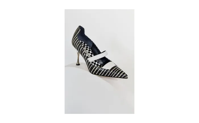 Women Business Manolo Blahnik CARONTE Black And White Striped Snakeskin Pumps