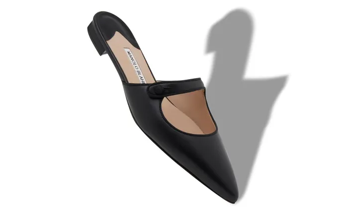 Women Casual Manolo Blahnik CAMPARIMUFLAT Black Calf Leather Mary Jane Flat Mules