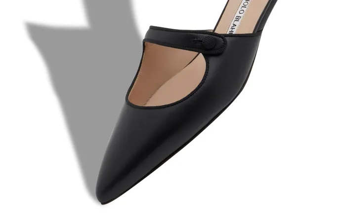 Women Casual Manolo Blahnik CAMPARIMUFLAT Black Calf Leather Mary Jane Flat Mules