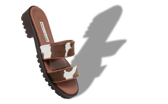 Women Casual Manolo Blahnik GADMU Dark Brown Cow Print Calf Hair And Leather Sandals