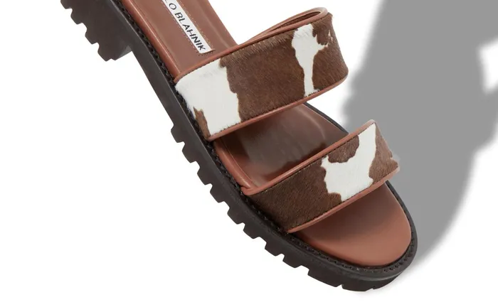 Women Casual Manolo Blahnik GADMU Dark Brown Cow Print Calf Hair And Leather Sandals