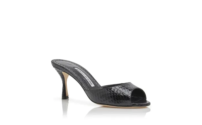 Women Casual Manolo Blahnik JADA Black Snakeskin Open Toe Mules
