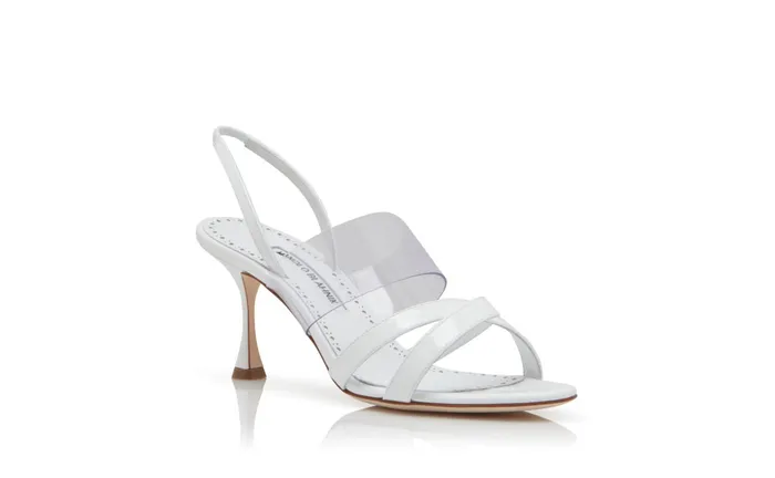 Women Casual Manolo Blahnik SOLIA White Patent Leather And PVC Strappy Sandals