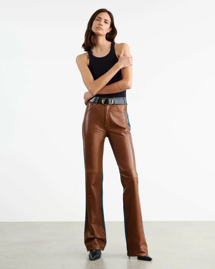 Women Denim Nili Lotan JOAN LEATHER COMBO JEAN Simon Wash W Cognac