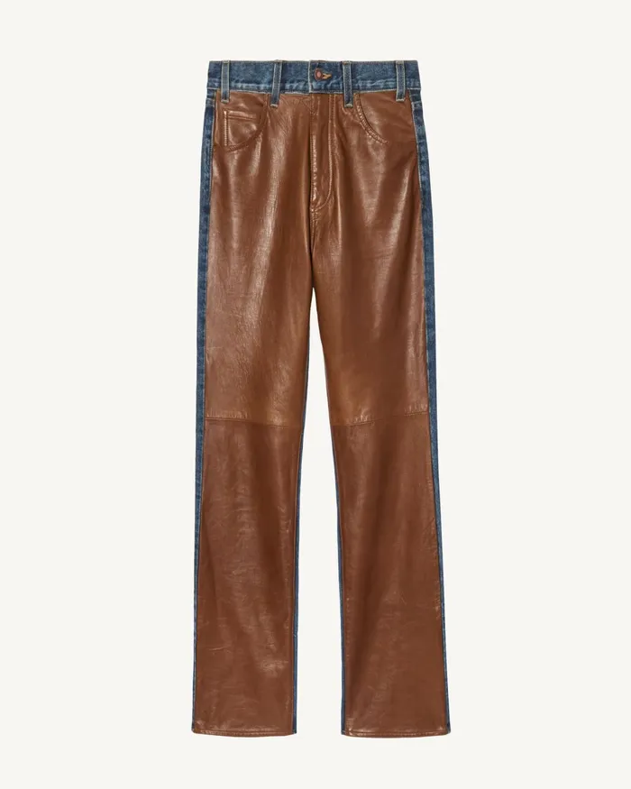 Women Denim Nili Lotan JOAN LEATHER COMBO JEAN Simon Wash W Cognac