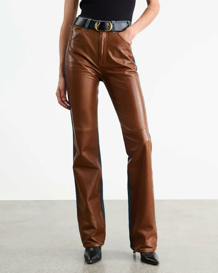 Women Denim Nili Lotan JOAN LEATHER COMBO JEAN Simon Wash W Cognac