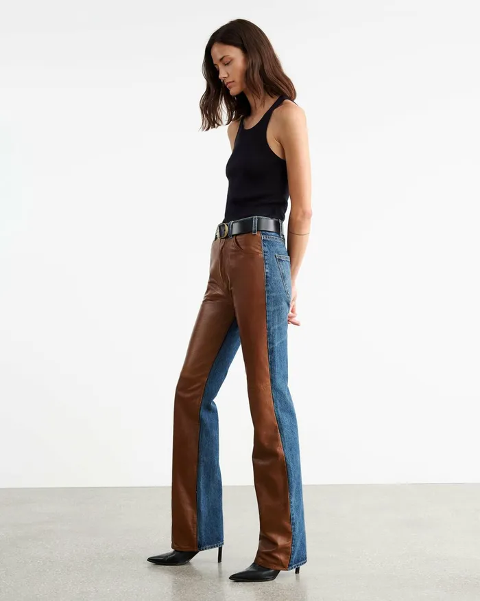 Women Denim Nili Lotan JOAN LEATHER COMBO JEAN Simon Wash W Cognac