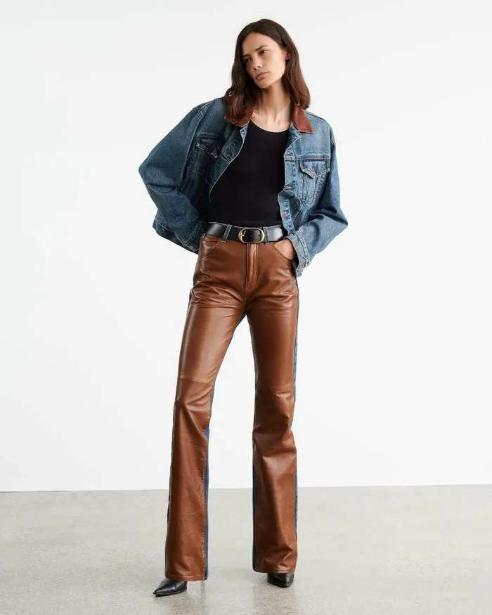 Women Denim Nili Lotan JOAN LEATHER COMBO JEAN Simon Wash W Cognac