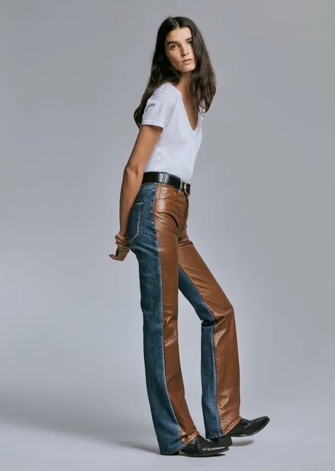 Women Denim Nili Lotan JOAN LEATHER COMBO JEAN Simon Wash W Cognac
