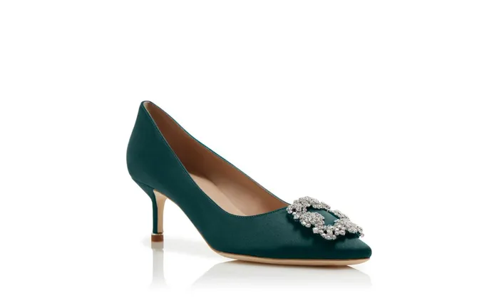 Women Dress Shoes Manolo Blahnik HANGISI 50 Forest Green Satin Jewel Buckle Pumps Women Dress Shoes Manolo Blahnik HANGISI 50 Forest Green Satin Jewel Buckle Pumps