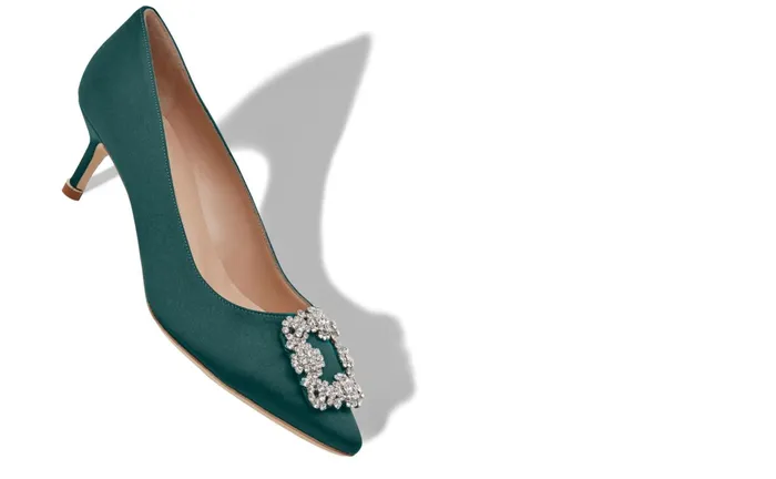 Women Dress Shoes Manolo Blahnik HANGISI 50 Forest Green Satin Jewel Buckle Pumps Women Dress Shoes Manolo Blahnik HANGISI 50 Forest Green Satin Jewel Buckle Pumps