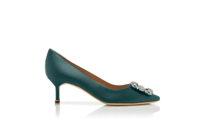 Women Dress Shoes Manolo Blahnik HANGISI 50 Forest Green Satin Jewel Buckle Pumps Women Dress Shoes Manolo Blahnik HANGISI 50 Forest Green Satin Jewel Buckle Pumps
