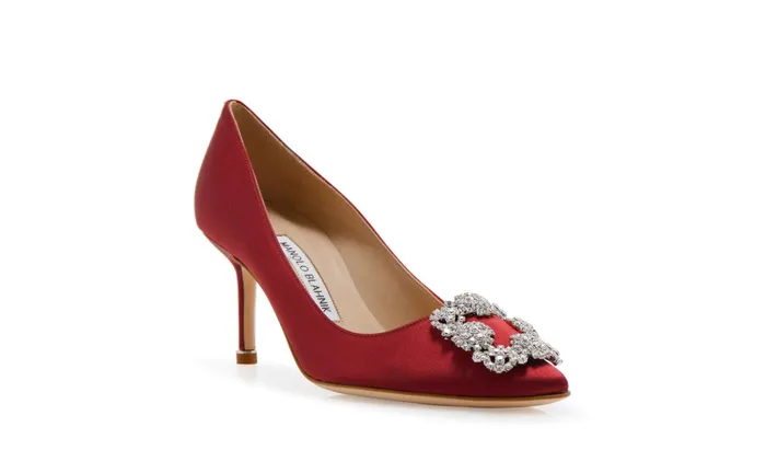 Women Dress Shoes Manolo Blahnik HANGISI 70 Dark Red Satin Jewel Buckle Pumps Women Dress Shoes Manolo Blahnik HANGISI 70 Dark Red Satin Jewel Buckle Pumps