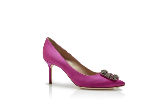 Women Dress Shoes Manolo Blahnik HANGISI 70 Purple Satin Jewel Buckle Pumps