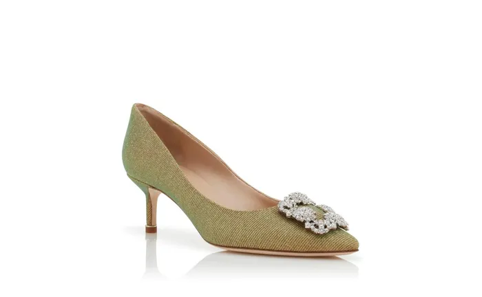 Women Dress Shoes Manolo Blahnik HANGISI GLITTER 50 Gold Glitter Fabric Jewel Buckle Pumps Women Dress Shoes Manolo Blahnik HANGISI GLITTER 50 Gold Glitter Fabric Jewel Buckle Pumps