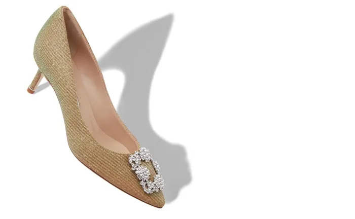 Women Dress Shoes Manolo Blahnik HANGISI GLITTER 50 Gold Glitter Fabric Jewel Buckle Pumps