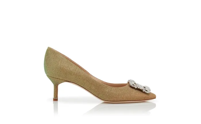 Women Dress Shoes Manolo Blahnik HANGISI GLITTER 50 Gold Glitter Fabric Jewel Buckle Pumps