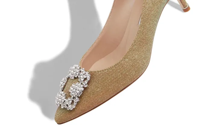 Women Dress Shoes Manolo Blahnik HANGISI GLITTER 50 Gold Glitter Fabric Jewel Buckle Pumps