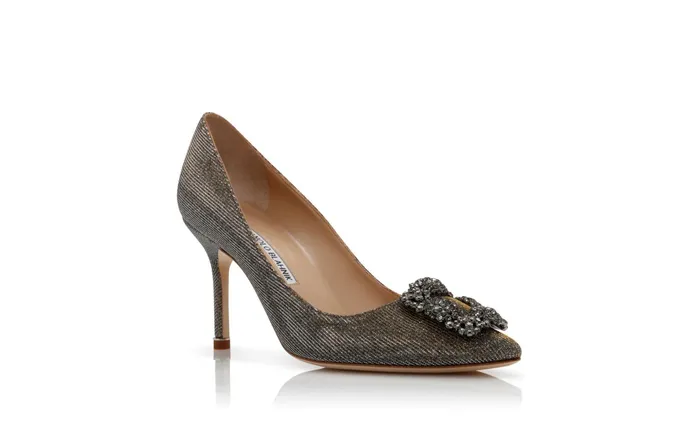 Women Dress Shoes Manolo Blahnik HANGISI GLITTER 90 Gold Glitter Fabric Jewel Buckle Pumps Women Dress Shoes Manolo Blahnik HANGISI GLITTER 90 Gold Glitter Fabric Jewel Buckle Pumps
