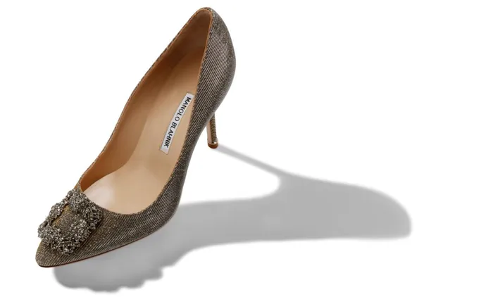 Women Dress Shoes Manolo Blahnik HANGISI GLITTER 90 Gold Glitter Fabric Jewel Buckle Pumps Women Dress Shoes Manolo Blahnik HANGISI GLITTER 90 Gold Glitter Fabric Jewel Buckle Pumps