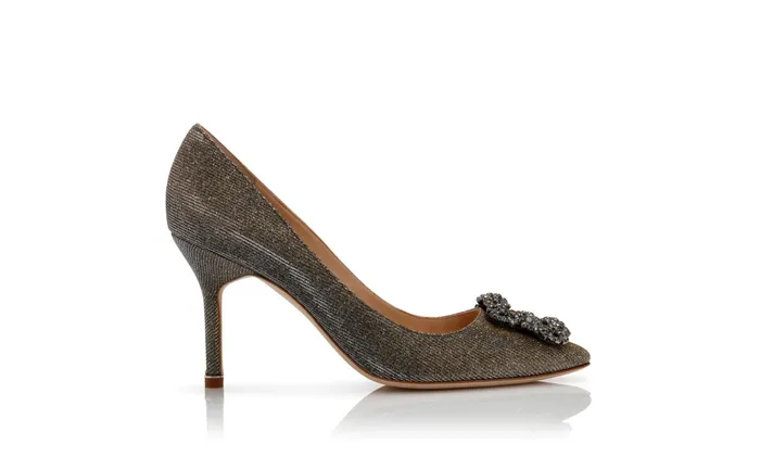 Women Dress Shoes Manolo Blahnik HANGISI GLITTER 90 Gold Glitter Fabric Jewel Buckle Pumps Women Dress Shoes Manolo Blahnik HANGISI GLITTER 90 Gold Glitter Fabric Jewel Buckle Pumps