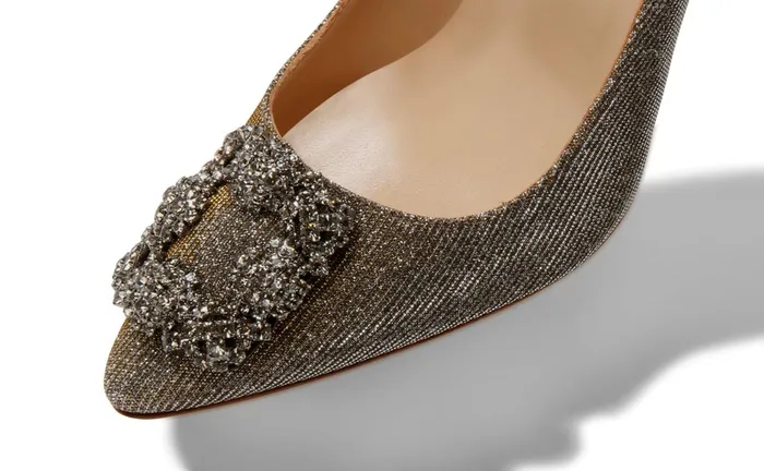 Women Dress Shoes Manolo Blahnik HANGISI GLITTER 90 Gold Glitter Fabric Jewel Buckle Pumps Women Dress Shoes Manolo Blahnik HANGISI GLITTER 90 Gold Glitter Fabric Jewel Buckle Pumps