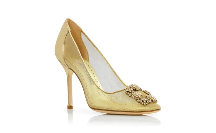Women Dress Shoes Manolo Blahnik HANGISI Gold Mesh Jewel Buckle Pumps
