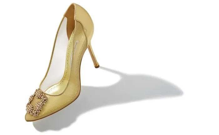 Women Dress Shoes Manolo Blahnik HANGISI Gold Mesh Jewel Buckle Pumps