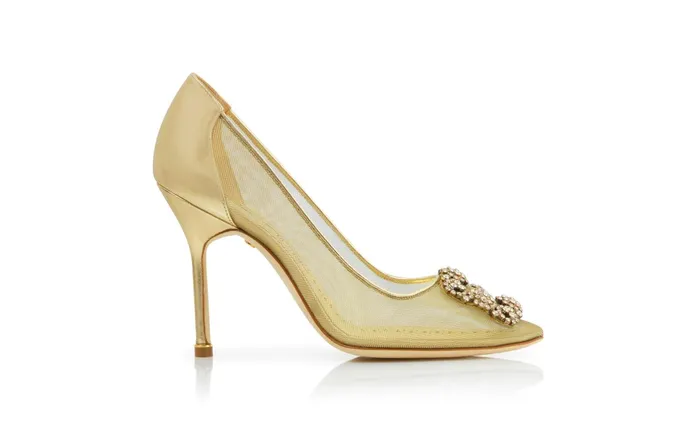 Women Dress Shoes Manolo Blahnik HANGISI Gold Mesh Jewel Buckle Pumps