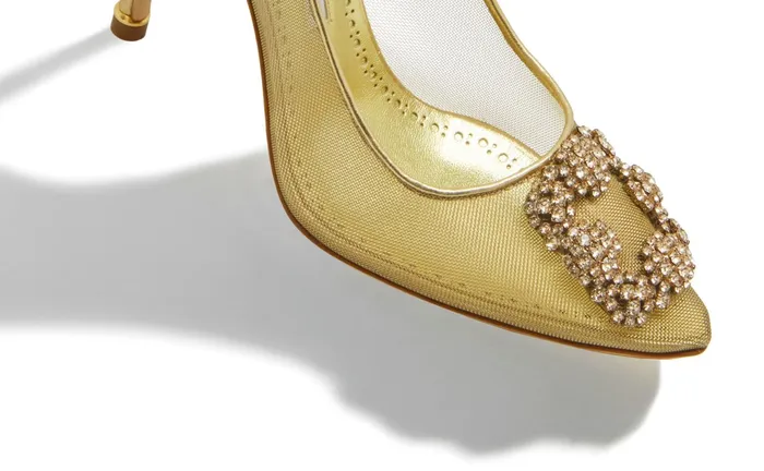 Women Dress Shoes Manolo Blahnik HANGISI Gold Mesh Jewel Buckle Pumps